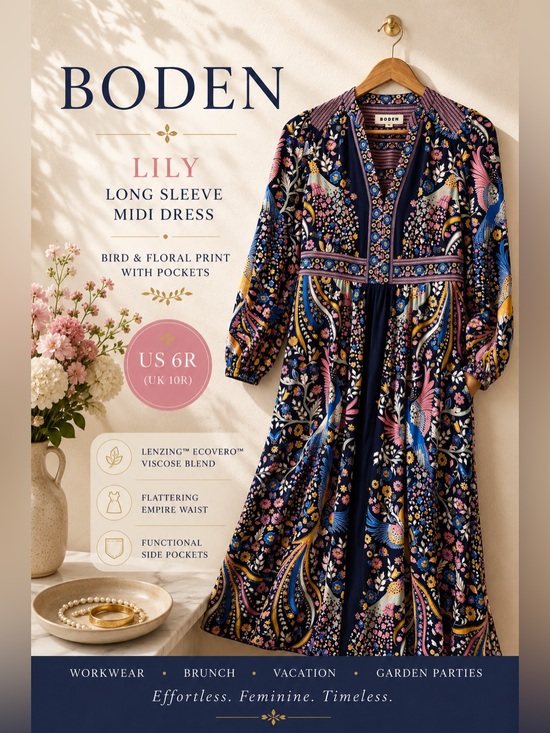 Boden Dresses & Skirts - Boden Lily Long Sleeve Midi Dress Bird Floral Print Pockets US 6R